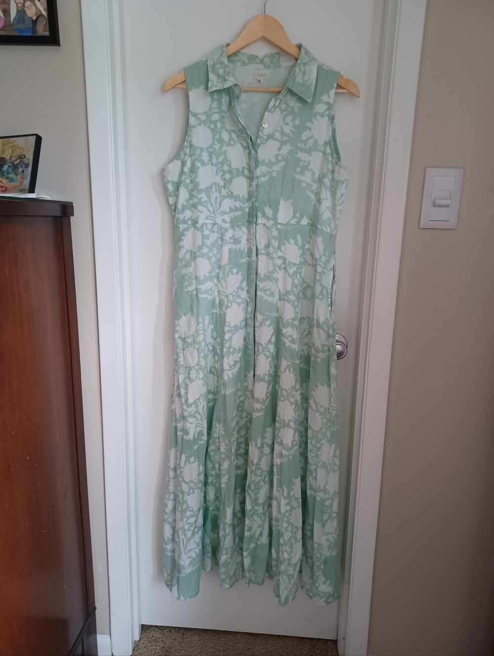 Livro Light Green Floral Collared Sleeveless Maxi Dress - Size M